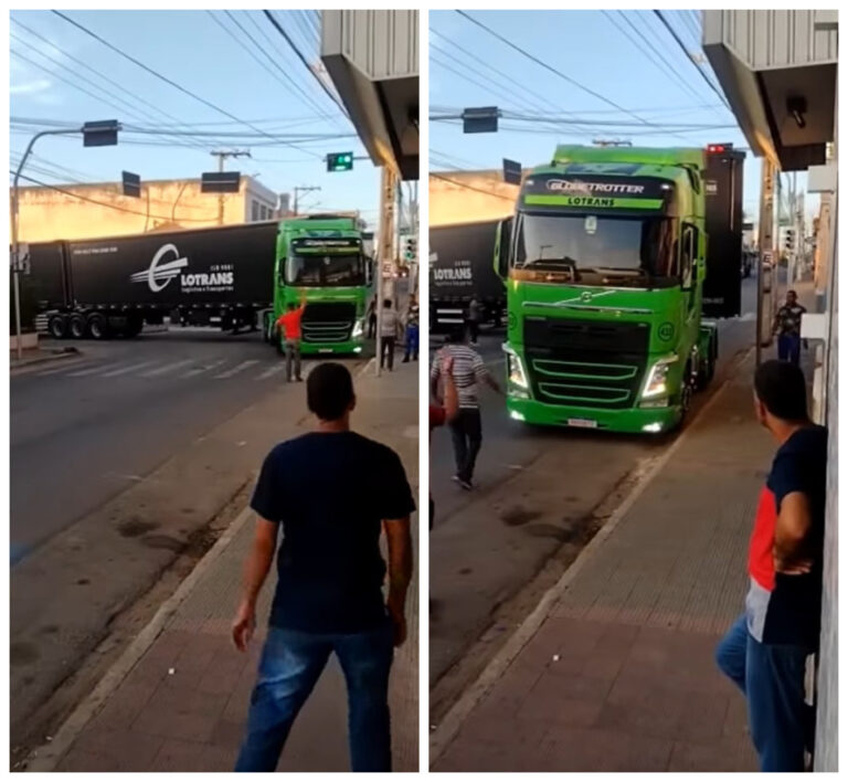 Caminhoneiro faz manobra incrível e difícil um caminhão biarticulado