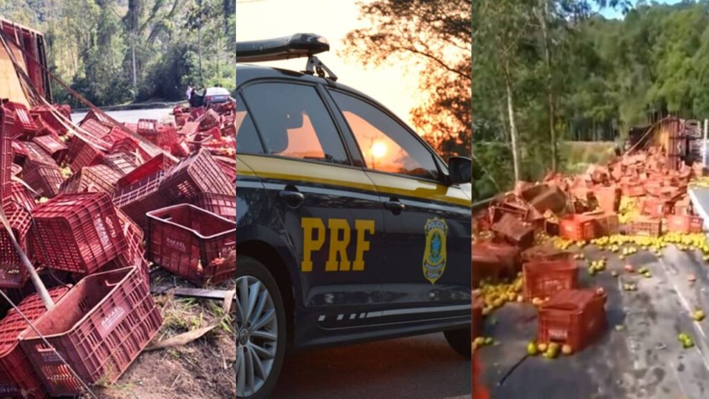 Acidente: caminhoneiro tomba caminhão em frente a viatura da PRF