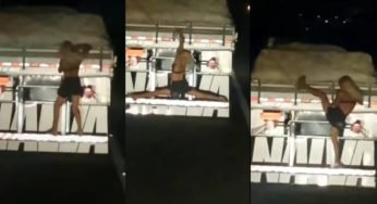 Mulher pega rabeira em caminhão e faz brincadeiras com caminhão em movimento