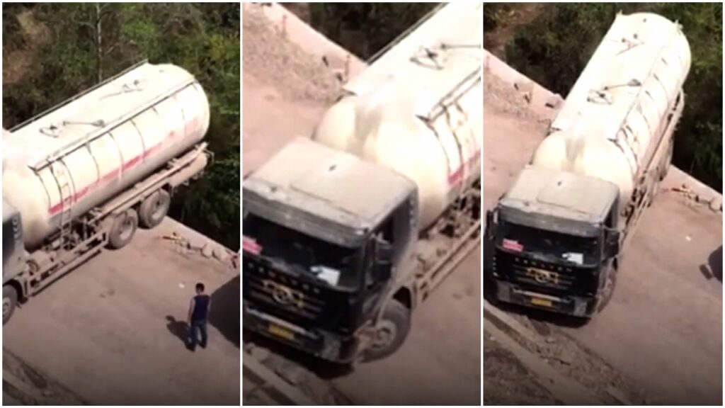 Caminhoneiro realiza manobra a beira de um precipício