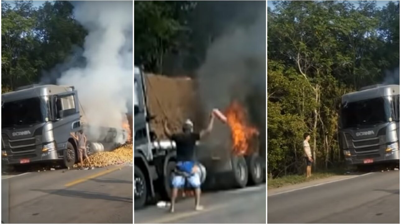 Caminhoneiro pede ajuda ao ver seu caminhão ser destruído pelas Chamas
