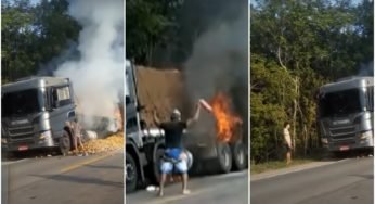 Caminhoneiro pede ajuda ao ver seu caminhão ser destruído pelas Chamas