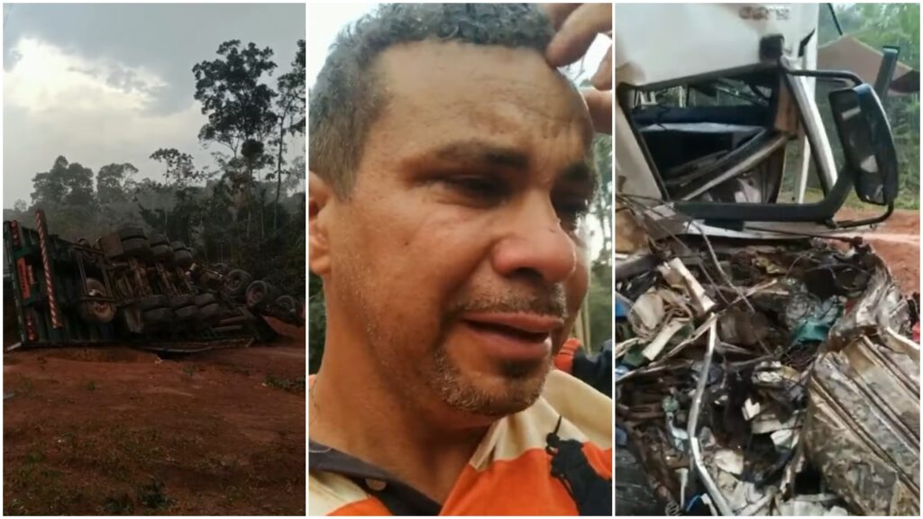 Caminhoneiro chora ao ver seu caminhão destruído após sofrer um grave acidente