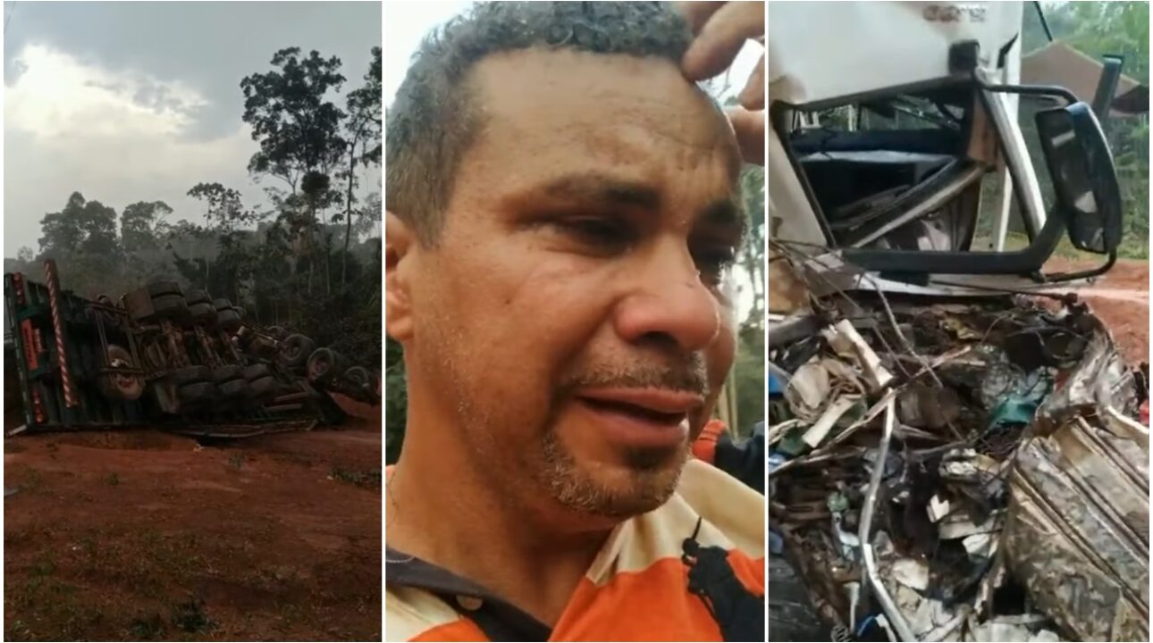 Caminhoneiro chora ao ver seu caminhão destruído após sofrer um grave acidente