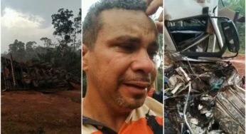 Caminhoneiro chora ao ver seu caminhão destruído após sofrer um grave acidente