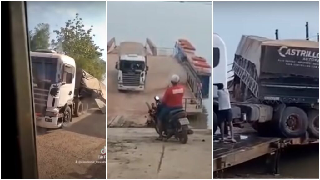 Carreta tomba e quase cai da balsa no rio Madeira