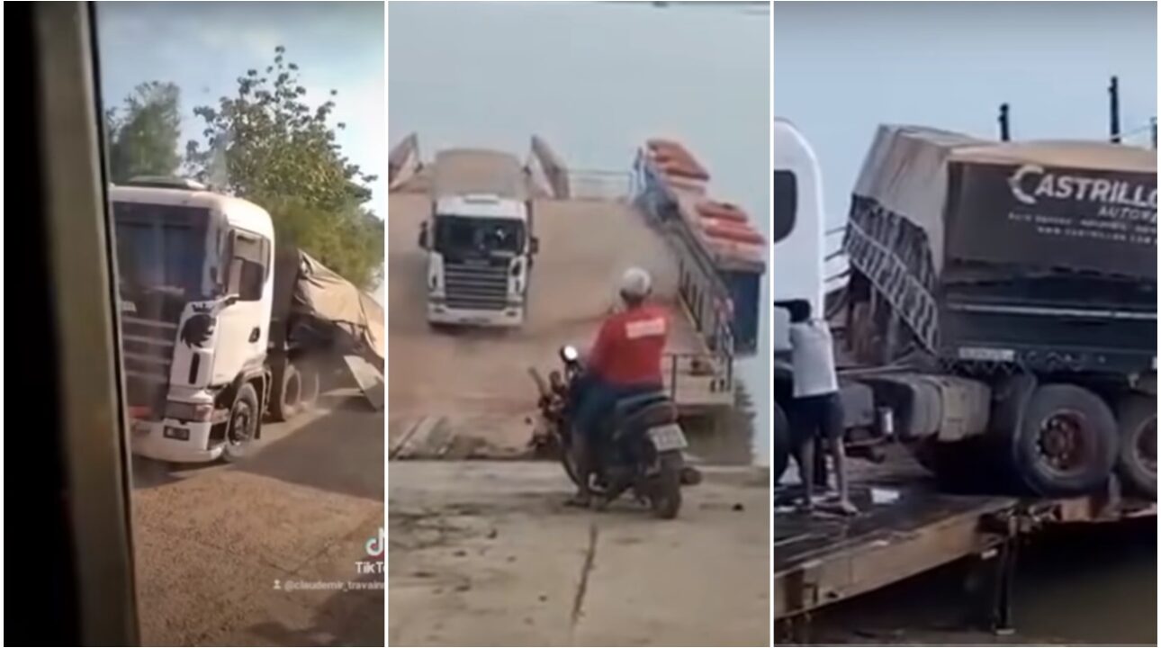 Carreta tomba e quase cai da balsa no rio Madeira