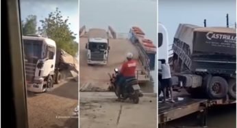 Carreta tomba e quase cai da balsa no rio Madeira