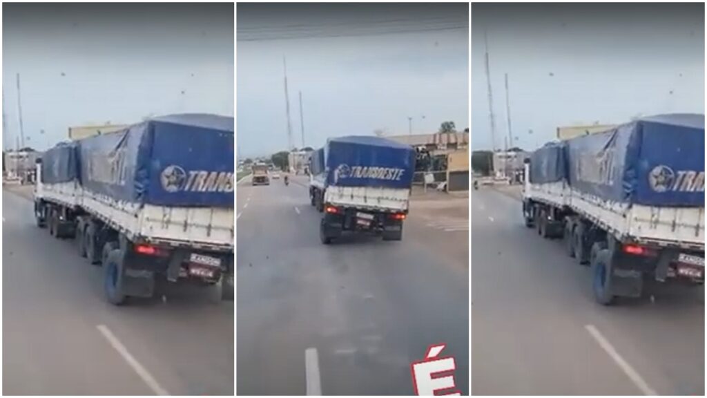 Vídeo: Carreta é flagrada trafegando com a traseira completamente torta