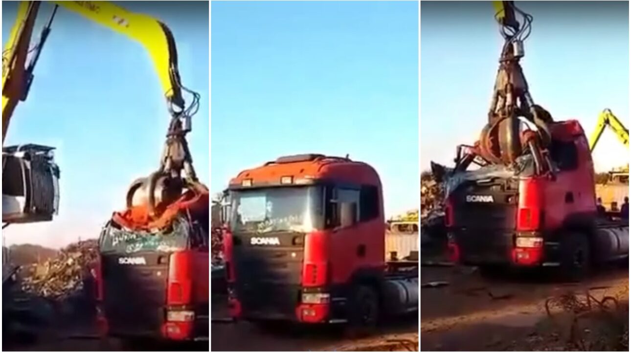 Vídeo mostra caminhão sendo destruído em ferro velho