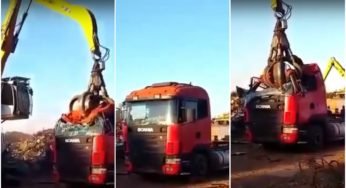 Vídeo mostra caminhão sendo destruído em ferro velho
