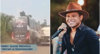 Motorista do ônibus da turnê do Cantor Tierry é flagrado ao efetuar uma manobra imprudente de ultrapassagem em rodovia de mão dupla