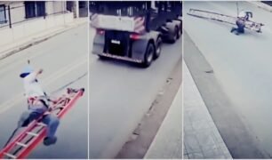 Vídeo Fiação fica preso em carreta e técnica cai da escada e é arrastado