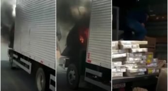 Vídeo que circula nas redes sociais, mostra um caminhão da Magazine Luiza em chamas