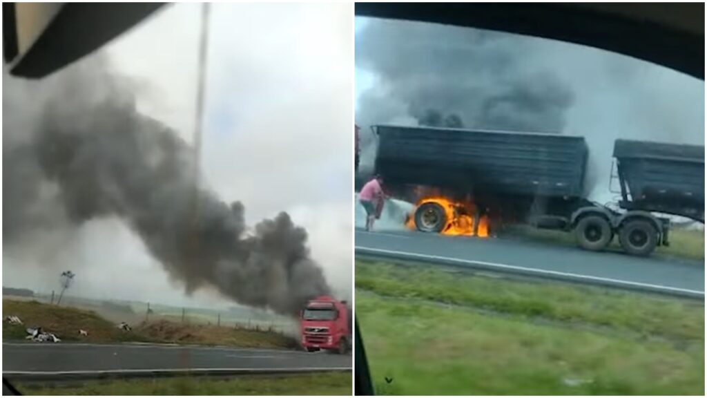 Vídeo mostra uma carreta pegando fogo na BR-376 pista sentido Curitiba