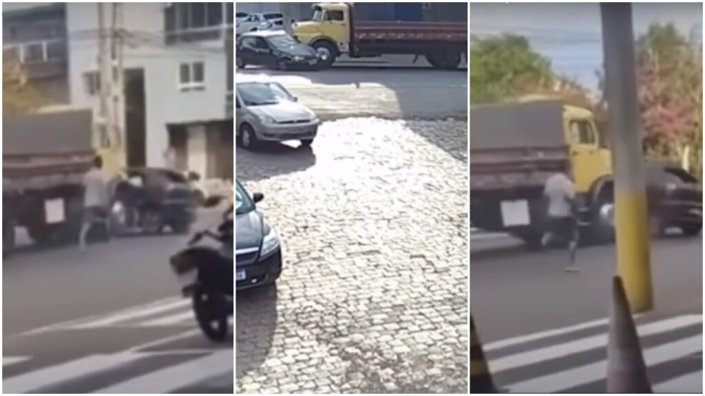 Caminhoneiro em furia arrasta carro durante briga de trânsito