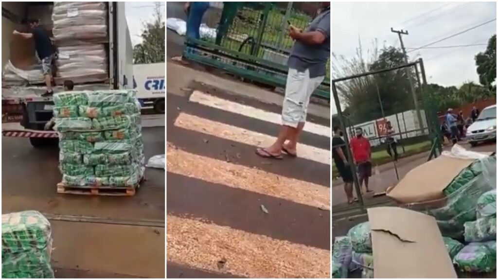 Cansado de aguardar para descarregar, caminhoneiro joga a carga de macarrão no chão