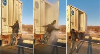 Caminhoneiro abre baú do caminhão e é surpreendido por um forte jato de ar