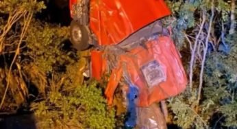 Caminhoneiro tenta desviar e acaba caindo em ribanceira de 15 metros