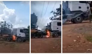 Caminhoneiro toma rápida ação e entra em lava-jato após caminhão pegar fogo