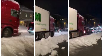 Vídeo: Caminhão no gelo não para, e arrasta carros parado em rotatória