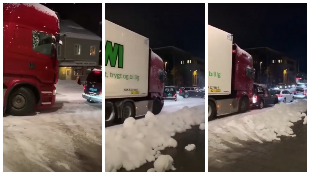 Vídeo Caminhão no gelo não para no gelo e arrasta carros parado em rotatória