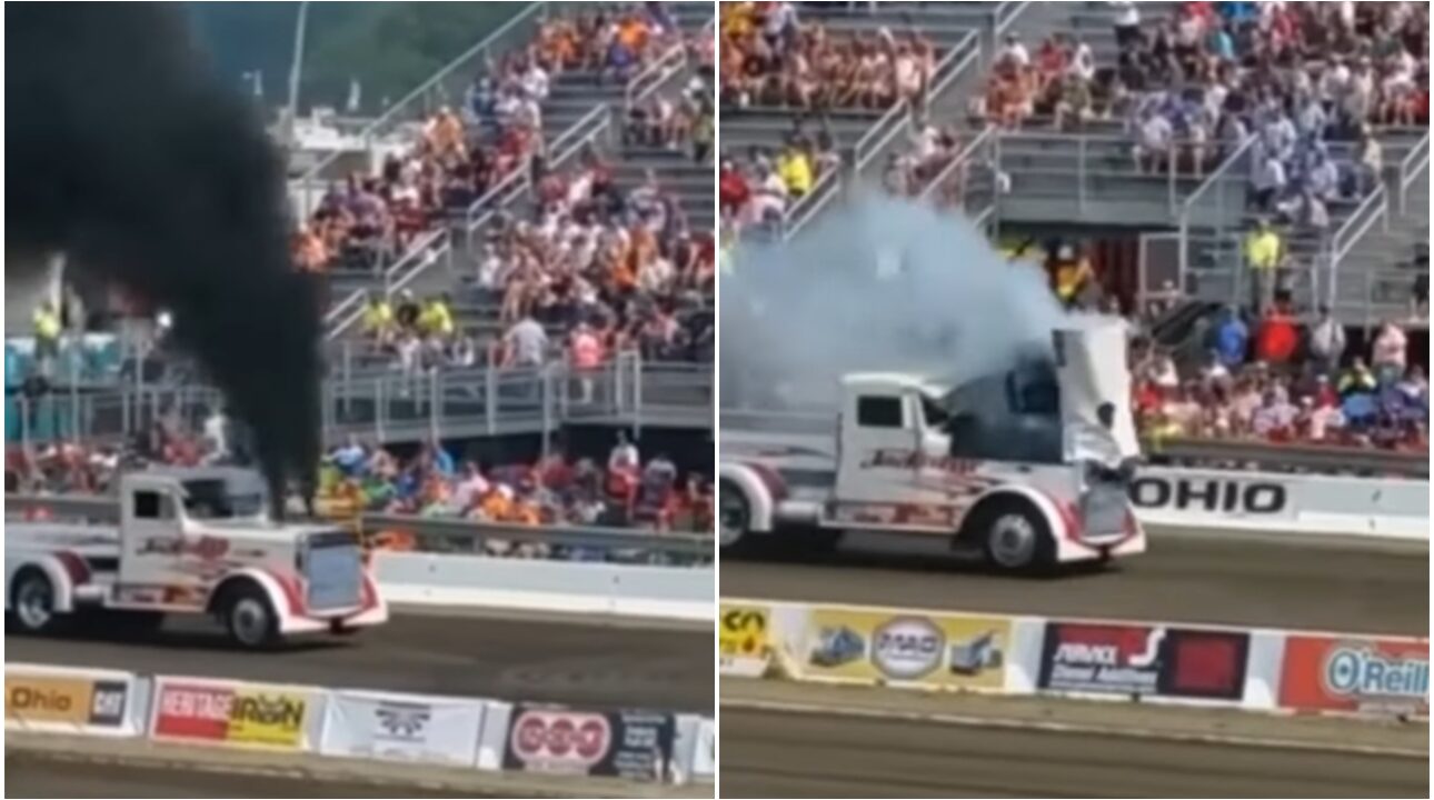 Vídeo mostra o motor a diesel do caminhão estourando e voando