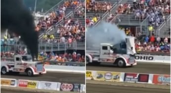 Vídeo mostra o motor a diesel do caminhão estourando e voando