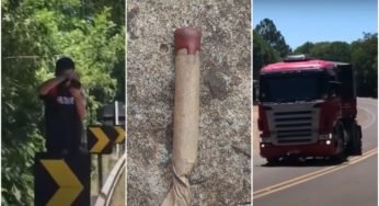 Video mostra caminhoneiro acendendo bombinha e jogando em flogueiros