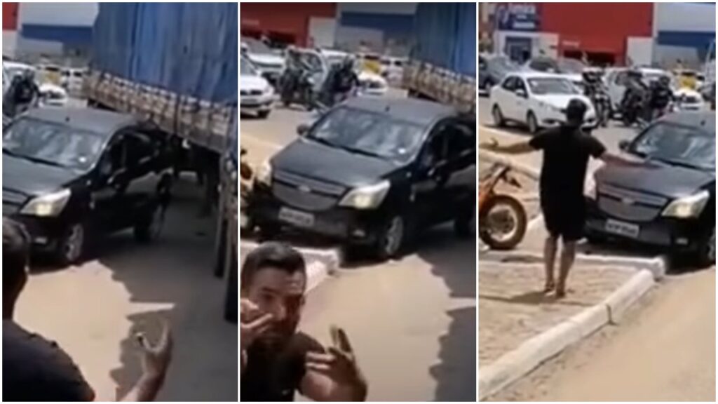 Video: Caminhoneiro revoltado com motorista que tentou passar com o carro pela direita