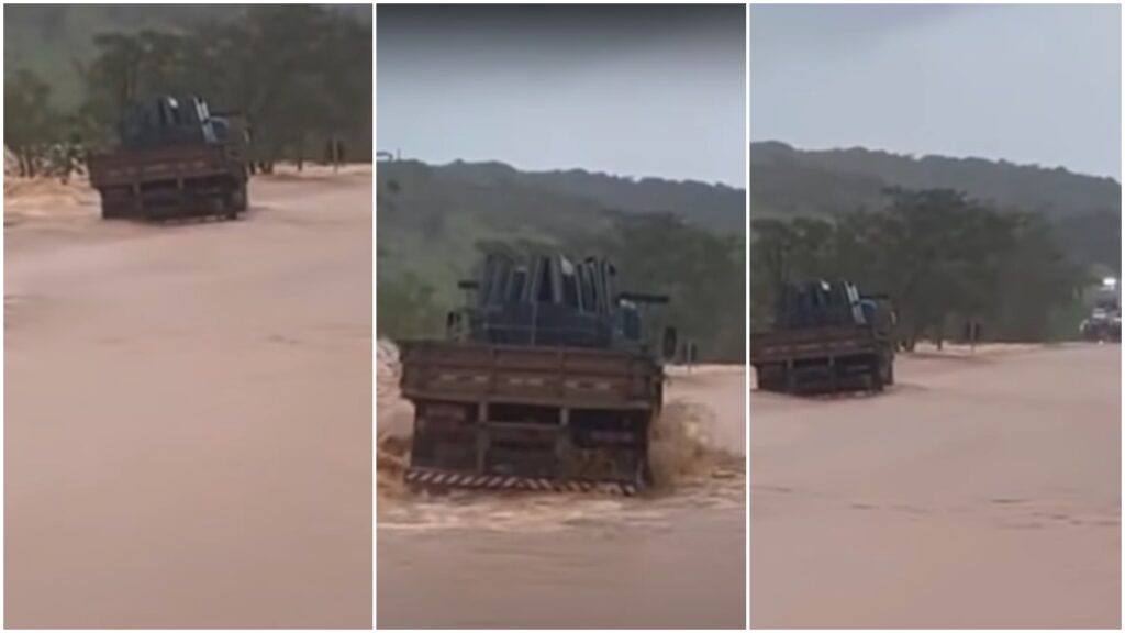 Caminhoneiro tenta atravessar enchente e se dá mal