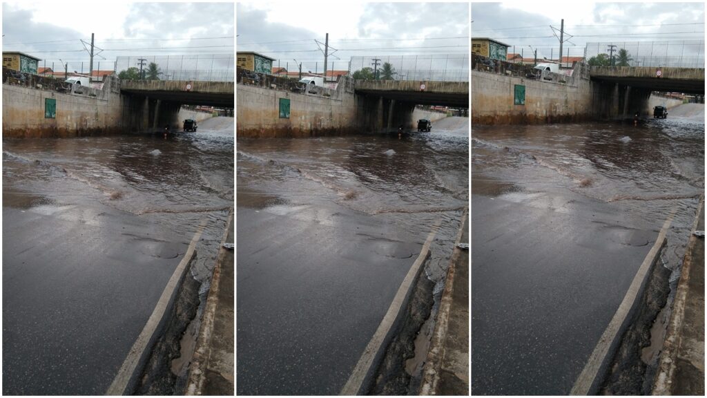 Em Fortaleza as fortes chuvas alagam um túnel e motoristas perdem placas e calotas de veículos ao tentarem atravessar