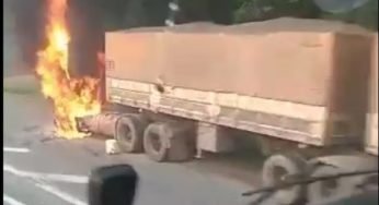 Cabine de caminhão pega fogo na BR-376 e chama atenção