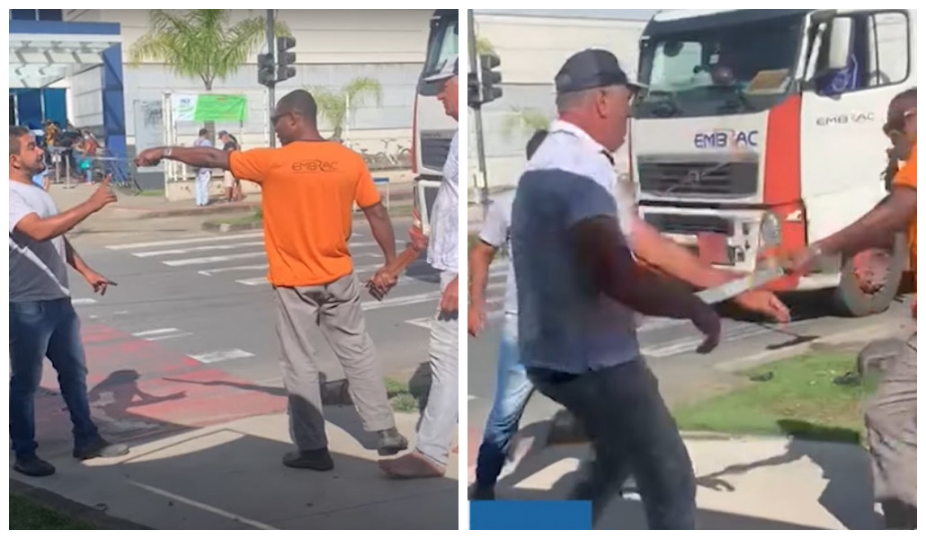 Caminhoneiro é flagrado batendo de facão durante briga de trânsito