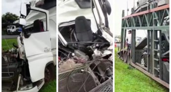 Caminhoneiro saiu vivo após cabine ficar completamente destruída em acidente