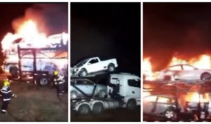 Grave incêndio destrói caminhão cegonha carregado de veículos