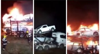 Grave incêndio destrói caminhão cegonha carregado de veículos