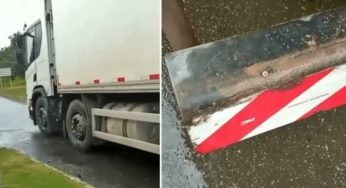 Caminhoneiro é multado pela PRF por estar com o para-choque “furado” na BR-101