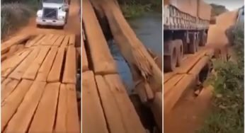 Video: Caminhão têm dificuldades para atravessar ponte precária na BR-158