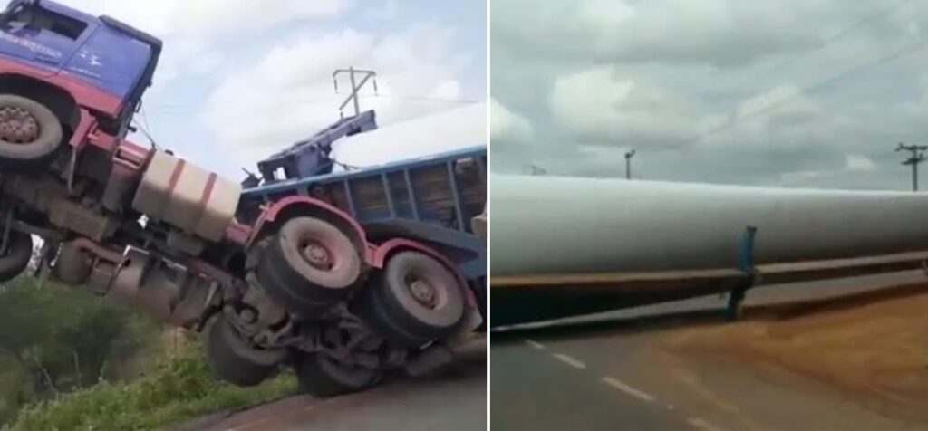 Caminhão tomba transportando hélice de torre de energia eólica no Piauí