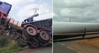 Caminhão tomba transportando hélice de torre de energia eólica no Piauí