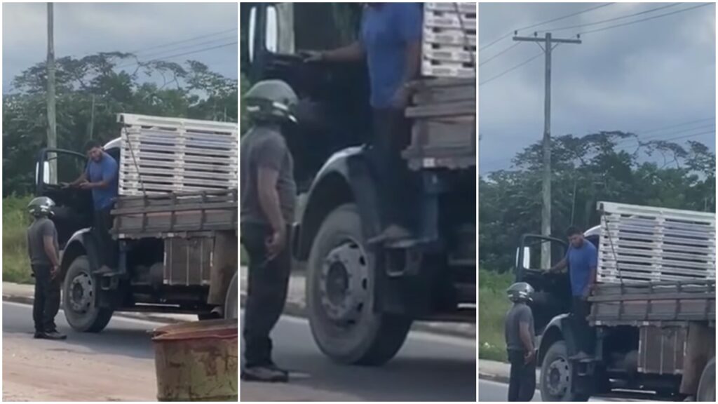 Caminhoneiro pede respeito ao policial durante discussão de trânsito