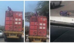 Homem pega carona em cima de caminhão em movimento e cai após bater em árvore