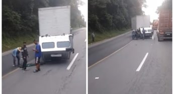 Cabine solta de caminhão em movimento descendo uma serra