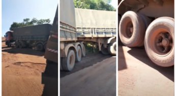 Caminhoneiro quase tomba carreta após desviar de buraco em BR