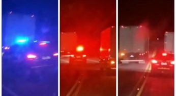 Caminhoneiro realiza ultrapassagem proibida na frente de carro da PRF