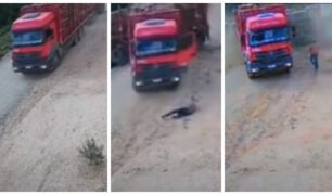 Vídeo Caminhoneiro esqueceu de acionar o freio de mão e quase foi atropelado