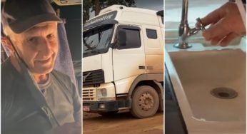 Caminhoneira fica emocionada quando Sr. Ademirio mostra a sua casa sobre rodas