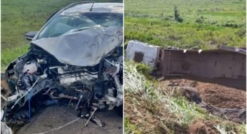 Carreta cai em ribanceira após ter batido em um carro que tentava efetuar ultrapassagem.