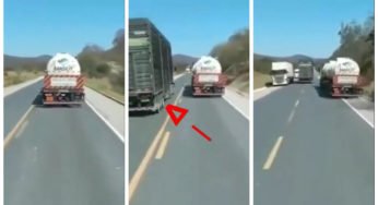 Caminhoneiro filma imprudência de colega da estrada quase provoca tragédia